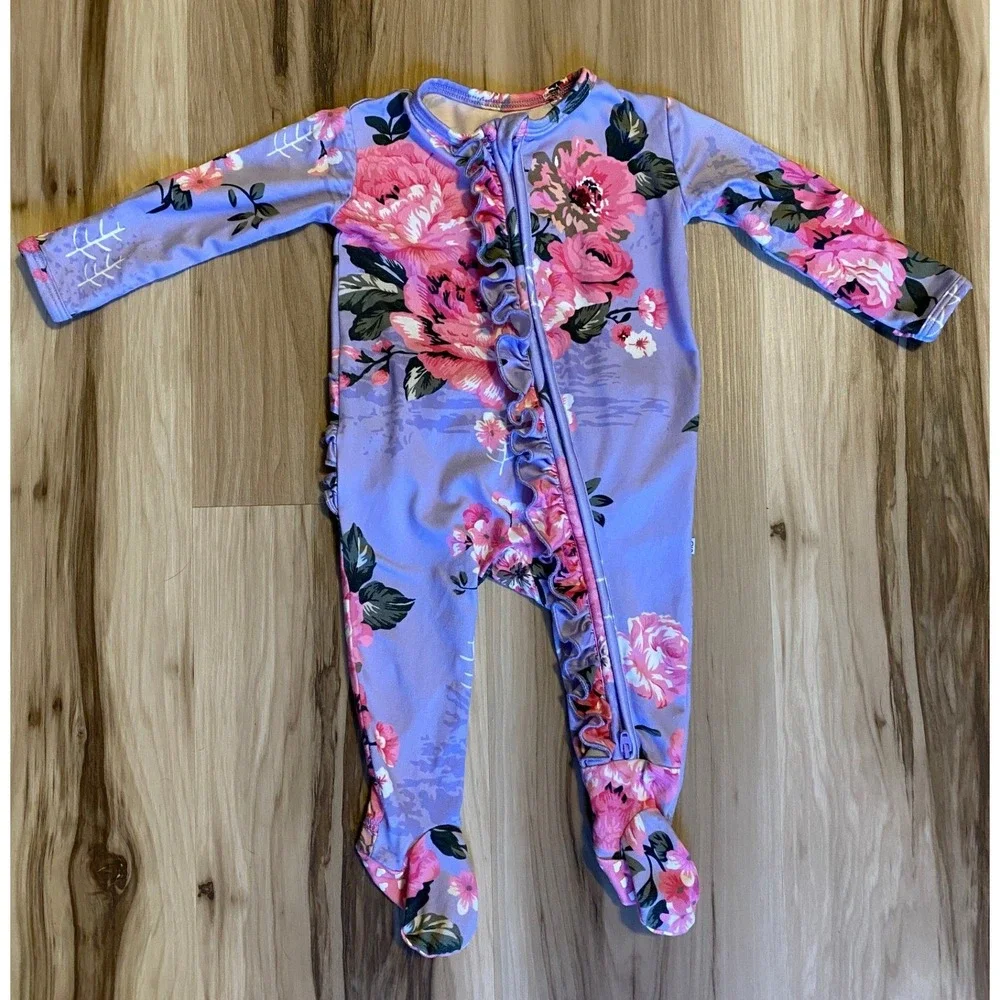 Double the Sprinkles Violet Baby Ruffle Pajama Purple Floral Sleeper Romper 0-3M